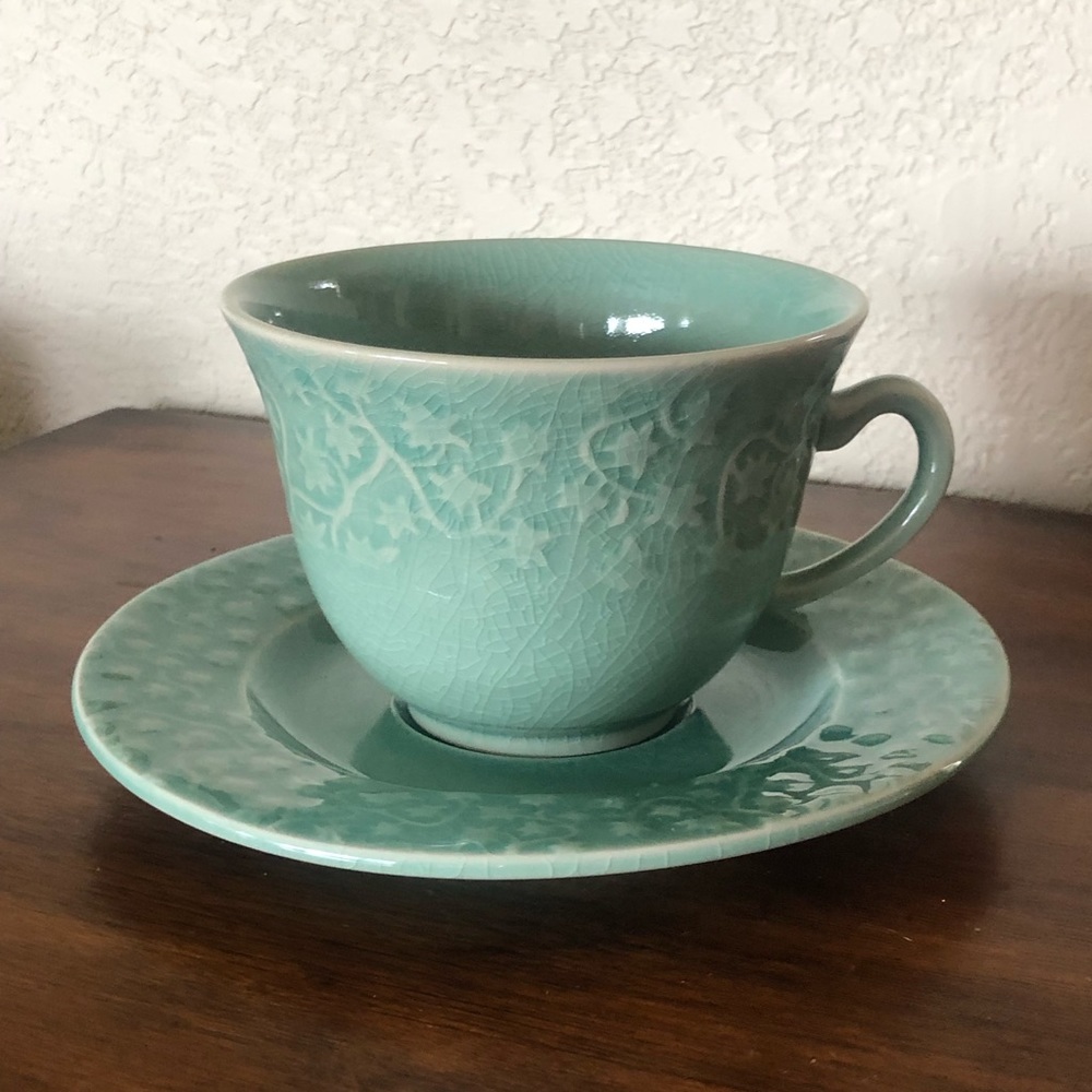 Vintage Jars France Nagar Green Leaves Large Footed Cup & Saucer Set